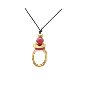 Handcrafted Artisan Matte Gold Red Beaded Pendant Necklace With Black Cord